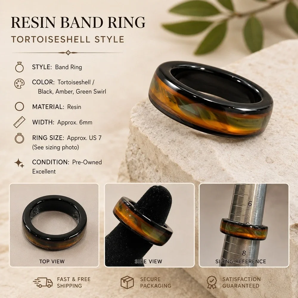 Tortoiseshell Resin Band Ring Black Amber Green Swirl Size 7 6mm Width